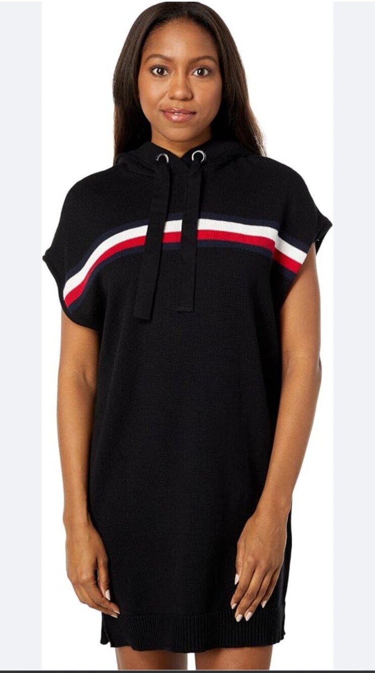 Tommy Hilfiger Hooded Sweater Dress XL Black Red White Striped Short Sleeve Knit